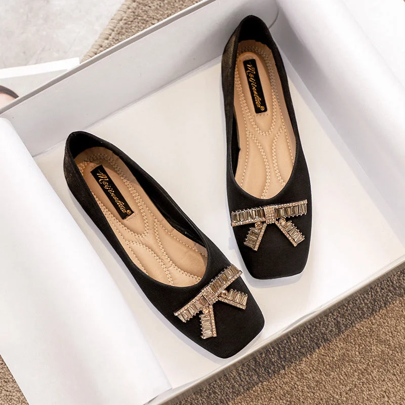 Square Head Rhinestone Flat Bottom Women's Shoes
