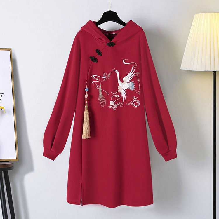 Bird Embroidery Print Fringed Vintage Sweatshirt Dress - Modakawa Modakawa