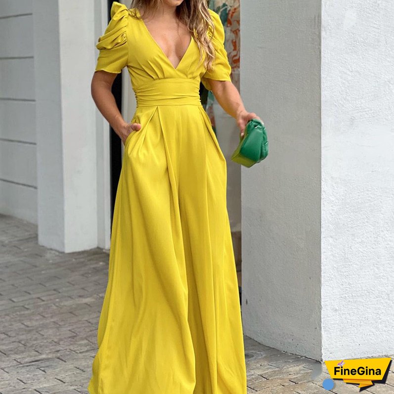 Plus Size Women Short Sleeve Wide Leg Jumpsuit