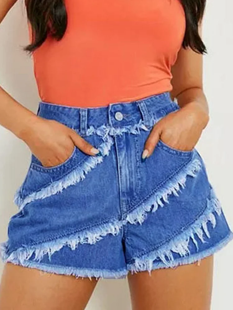 Fashion Plain High Waist Denim Pocket Raw Edge Shorts