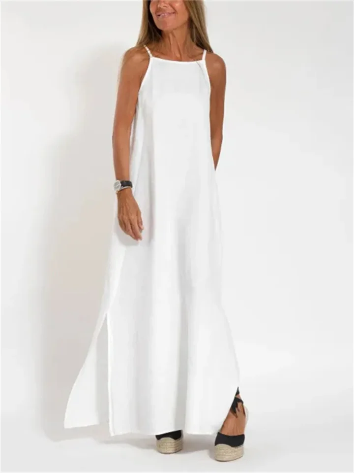 Women's Summer Fashion Casual Cotton and Linen Split Halter Dress Solid Color Sleeveless Dresses