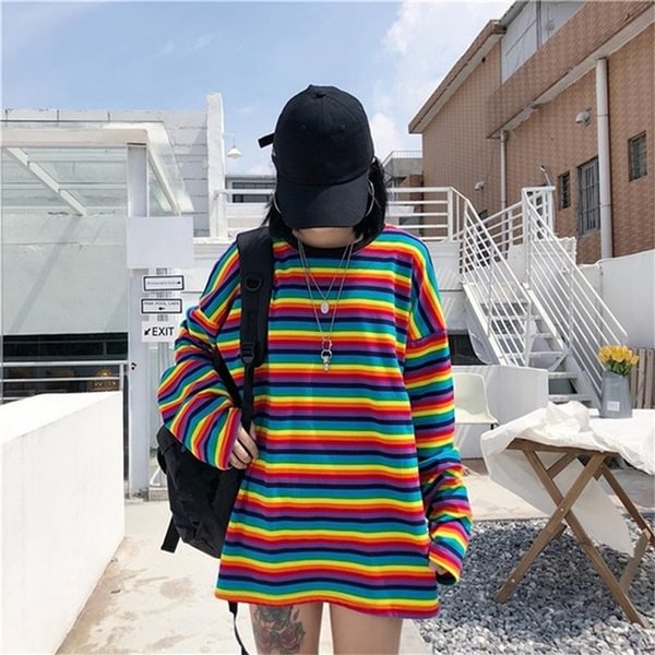 Women's Fashion Cute Girl Rainbow Stripes Loose Wild Long-sleeved T-shirt - Chicaggo