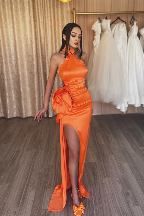 Bellasprom Orange High Neck Sleeveless Prom Dress Mermaid Long With Split Bellasprom