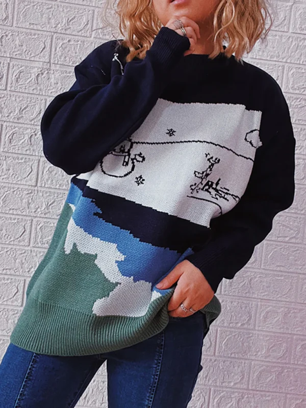 Women's Christmas Themed Sweater Thickened Snowman Elk Pattern Colorblock Sweater Flusfy