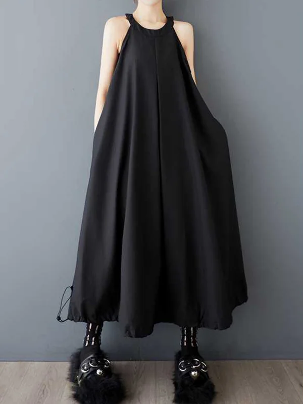 Zipper Solid Color Pockets Pleated Drawstring Sleeveless Loose Spaghetti-Neck Midi Dresses