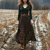 Women's Retro Plaid V-neck Long-sleeved Long Skirt Pastoral Style Dress by Inlyline