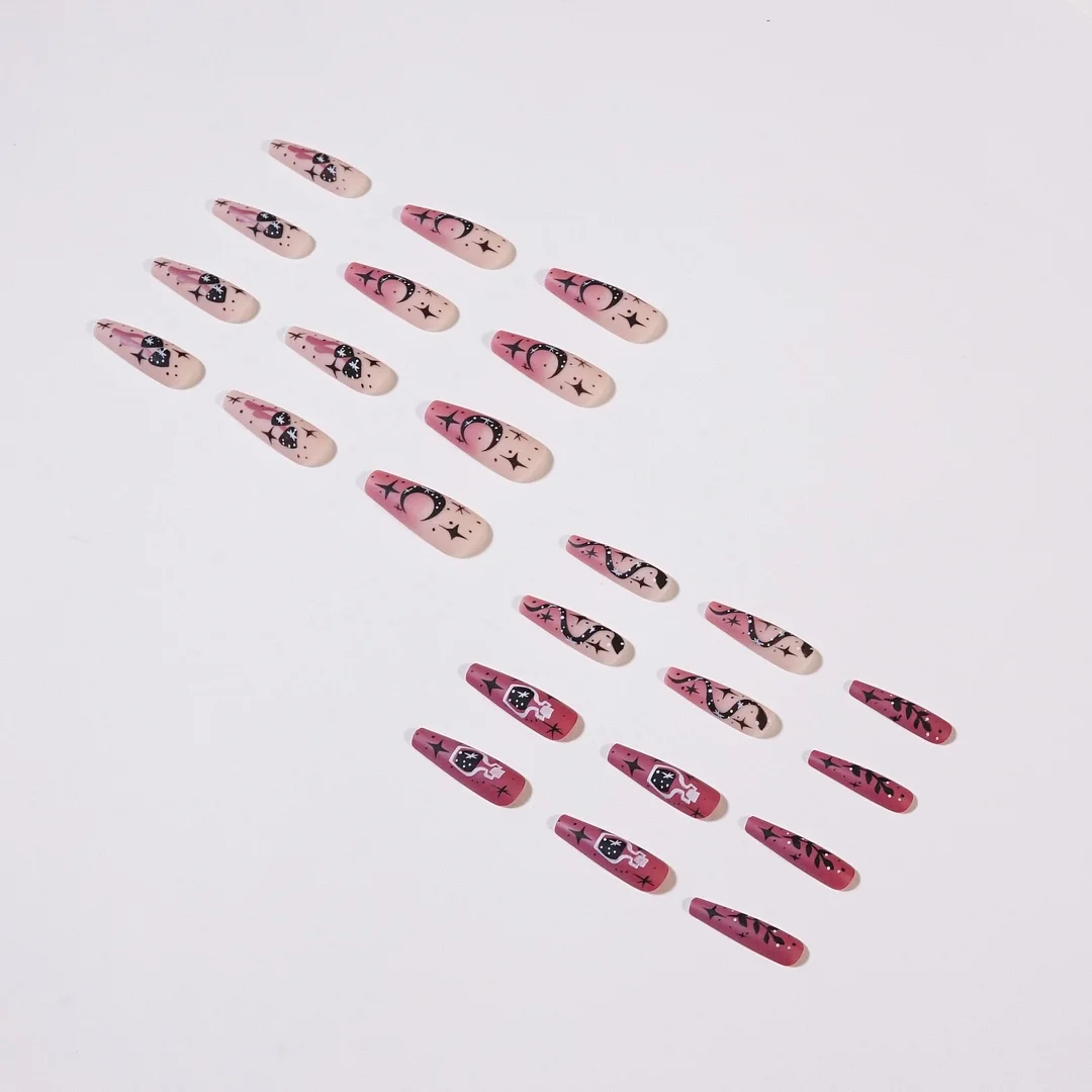 24Pcs/Set Star Moon Water Bottle Design False Nail French Full Cover Fake Nails Glue DIY Manicure Nail Art Tools-Nail Inspo