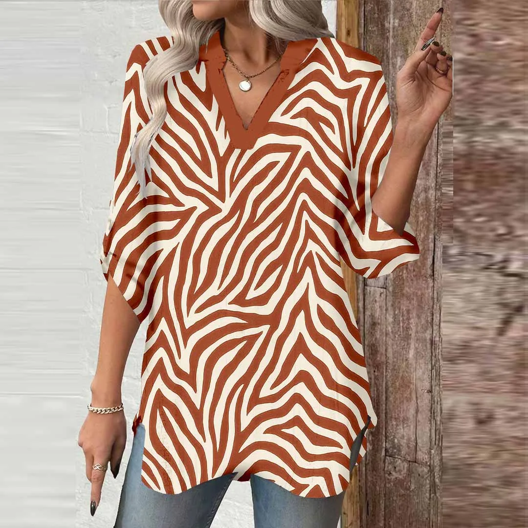 Women Abstract,Brown DZGA0273 3/4 Sleeve V-neck Printed Graphic Button Tops