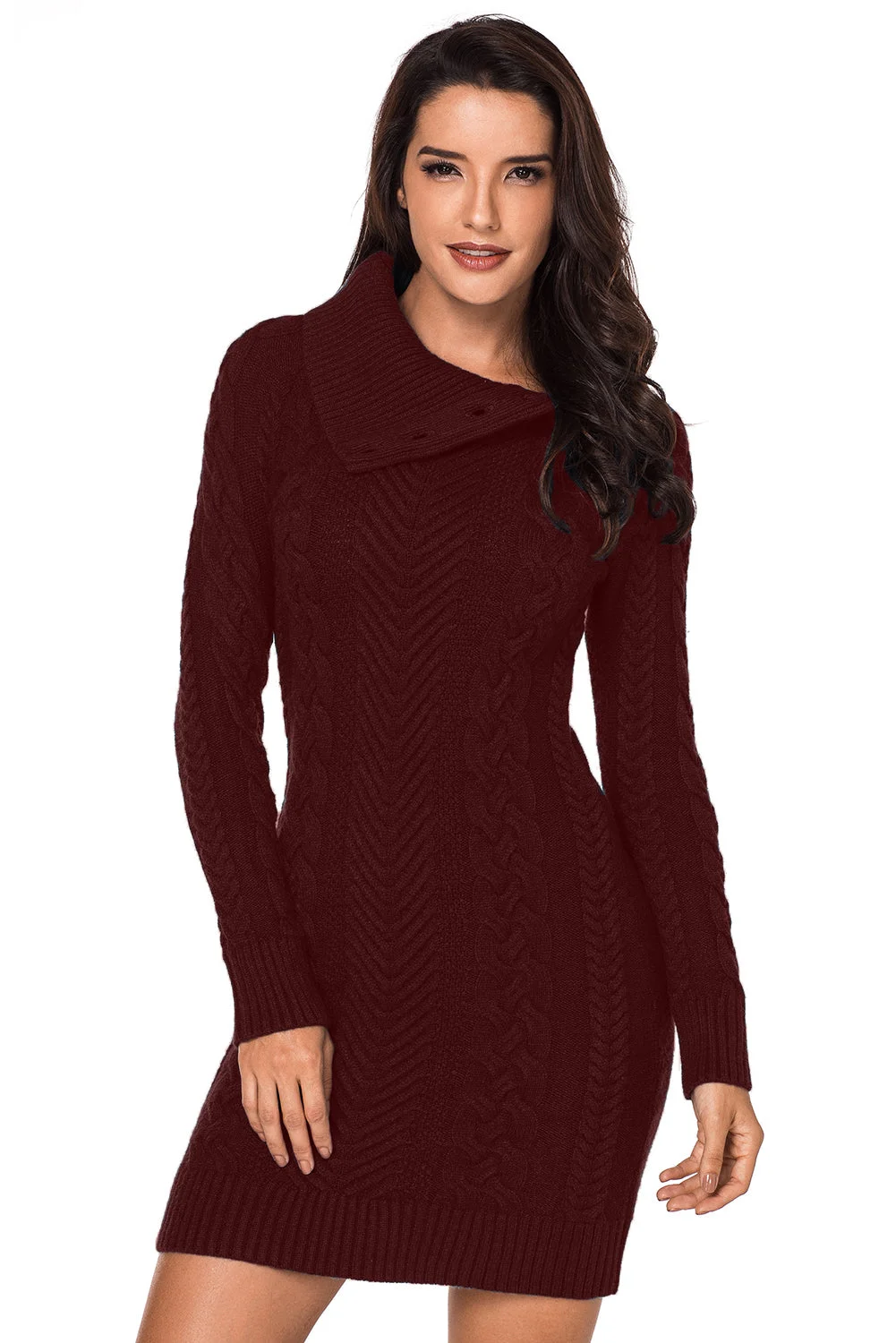 Women Red Asymmetric Buttoned Collar Burgundy Bodycon Sweater Dress