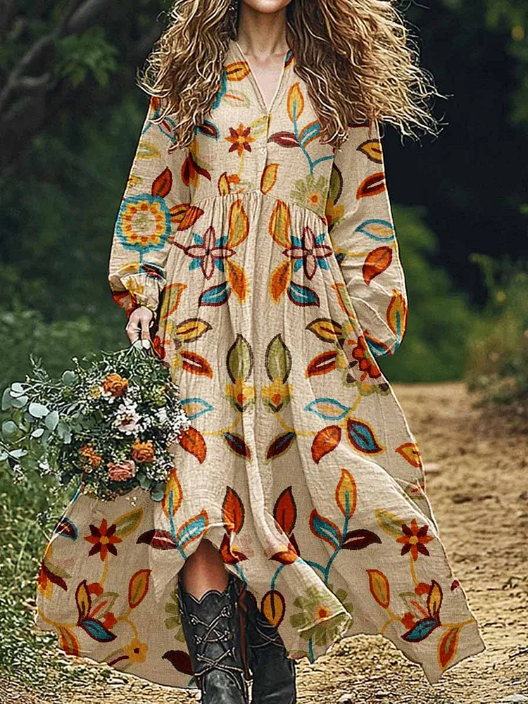 Womens Vintage Art  Floral Pattern Cotton And Linen Dress