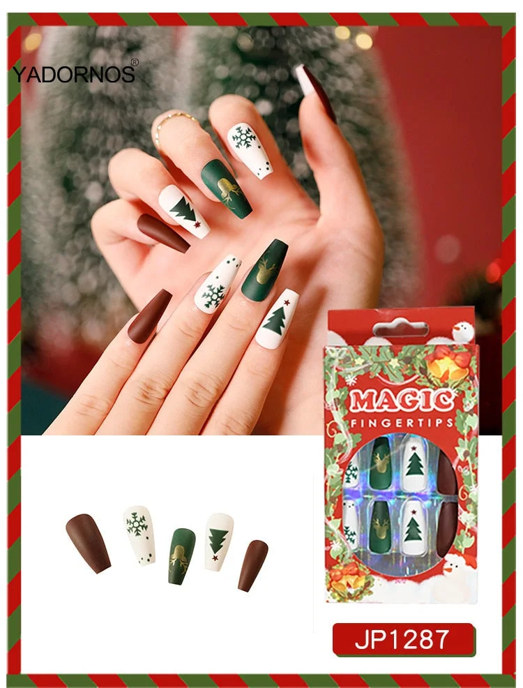 24pcs Christmas Stickers On Nails Patch Glue Type Removable Long coffin Paragraph Fashion Manicure free shipping press on nails-Nail Inspo