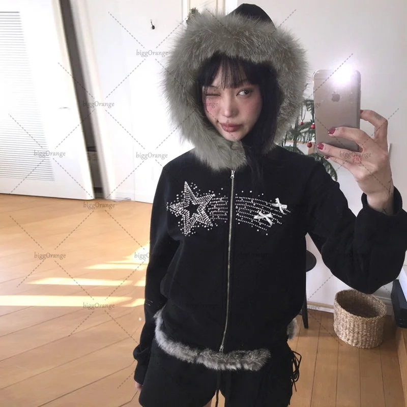 Aonga Gothic Punk Retro Fur Collar Zipper Hoodie Y2K Harajuku Vintage Trendy Brand Streetwear Sweatshirt Winter Clothing Women Jacket aonga