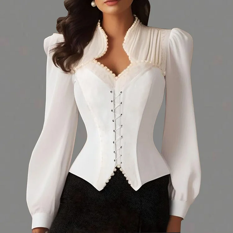 Ursime Elegant Stand Collar Lace-Up Long Sleeve Blouse