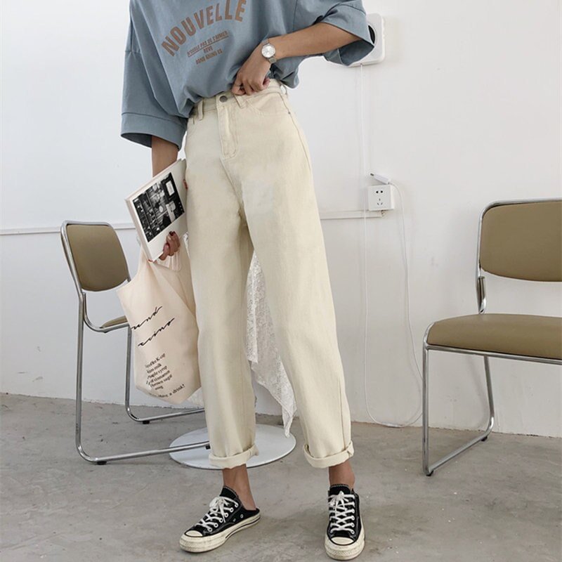 Jeans Women Beige Denim High-waist Ankle-length Loose Womens Trousers All-match Casual Simple All-match Boyfriend Harajuku Daily