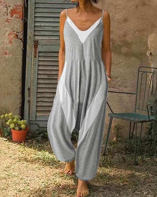 Fashion Contrast Color Block Spaghetti Strap Jumpsuit