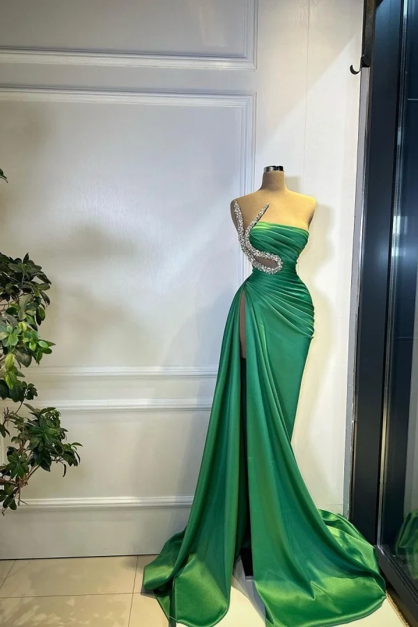 Lisliy Green Strapless Pleated Long Beaded High Split Prom Dress 