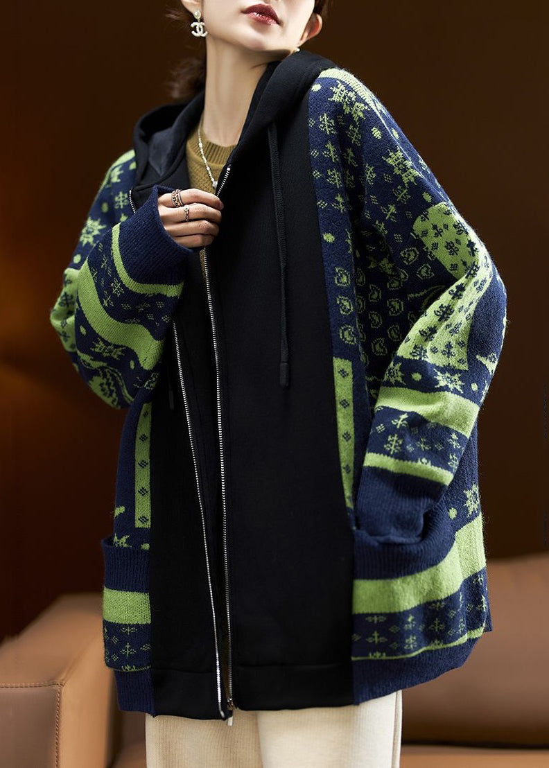 VCSHOES Navy Hooded Zippered Patchwork Warm Fleece Coats Long Sleeve