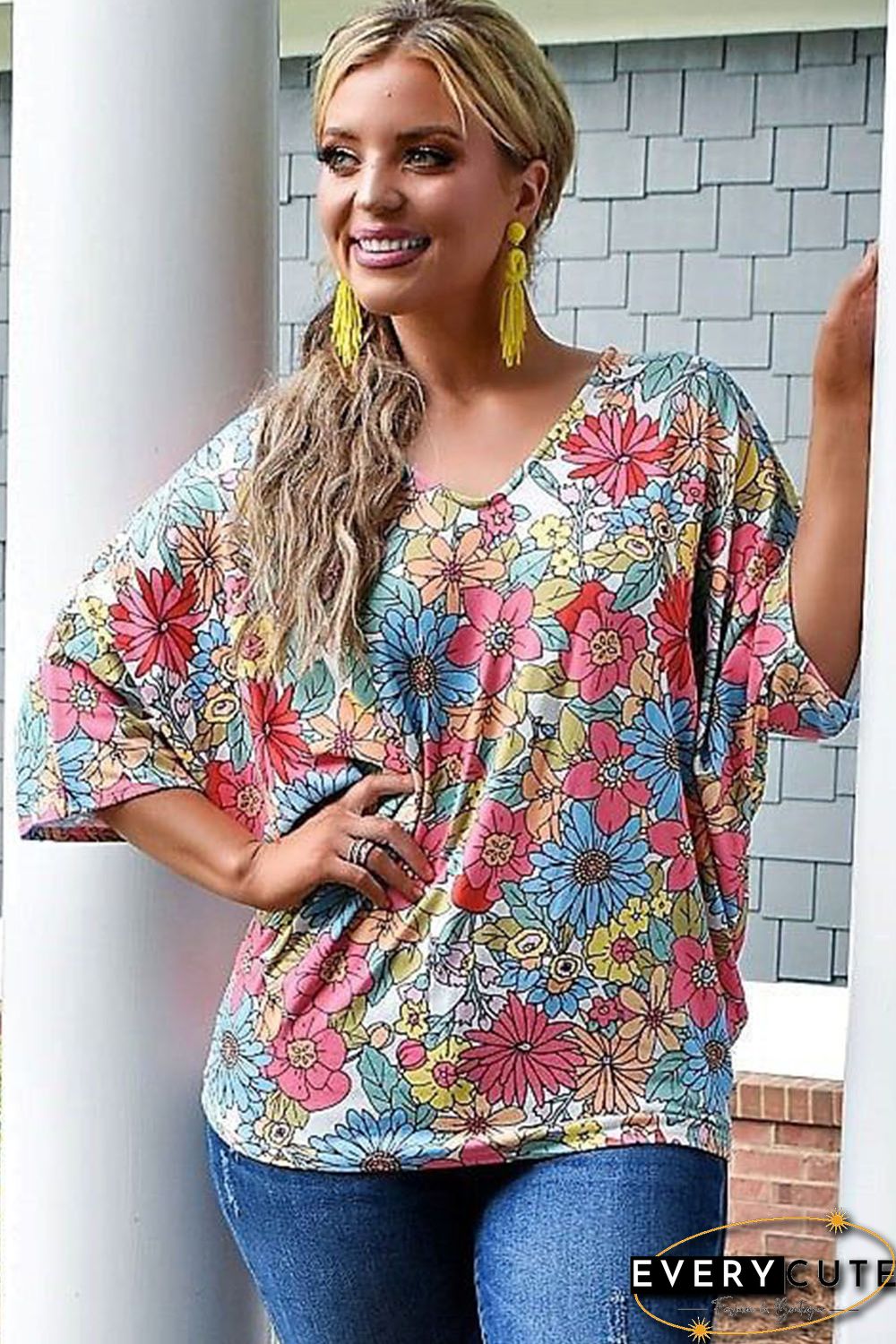 Multicolor Floral Print V Neck Half Sleeve Blouse