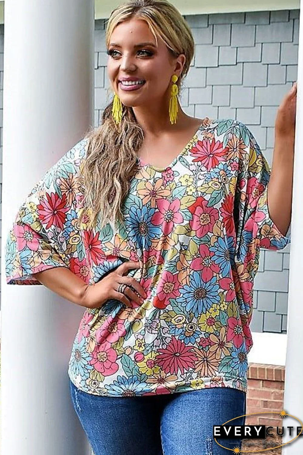 Multicolor Floral Print V Neck Half Sleeve Blouse
