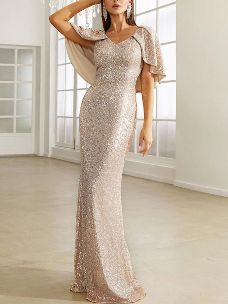 Neosepa-Graceful V Neck Sleeveless Gold Sequins Floor Length Mermaid Dress