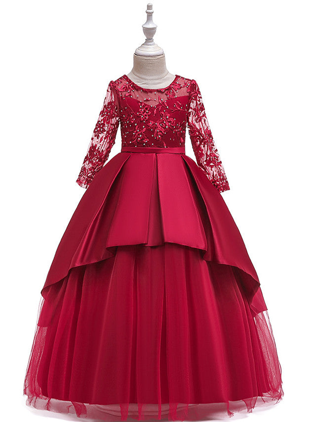 Oknass Ball Gown A-Line 3/4 Length Sleeve Jewel Neck  Flower Girl Dresses Cotton Lace With Lace Sash Ribbon Pleats