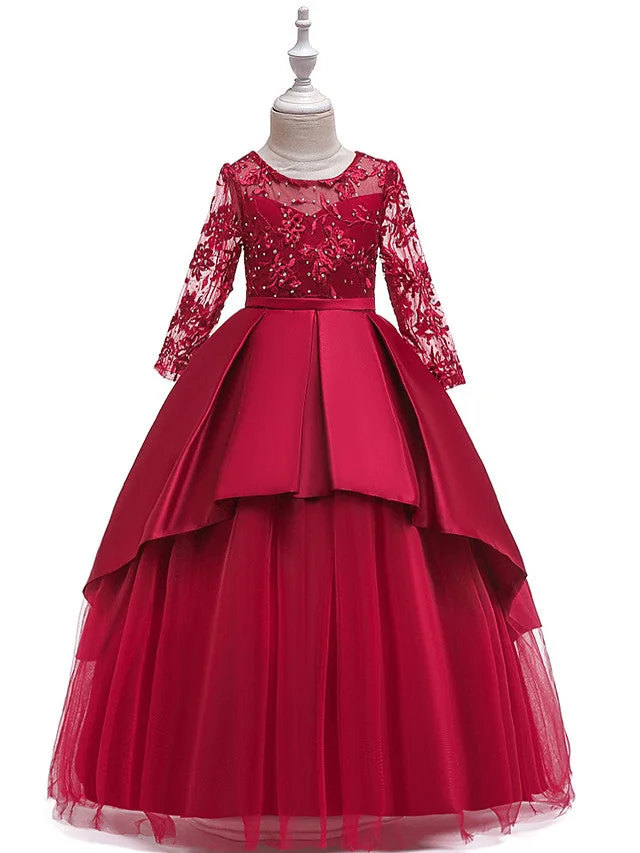 Hellodresses Ball Gown A-Line 3/4 Length Sleeve Jewel Neck  Flower Girl Dresses Cotton Lace With Lace Sash Ribbon Pleats