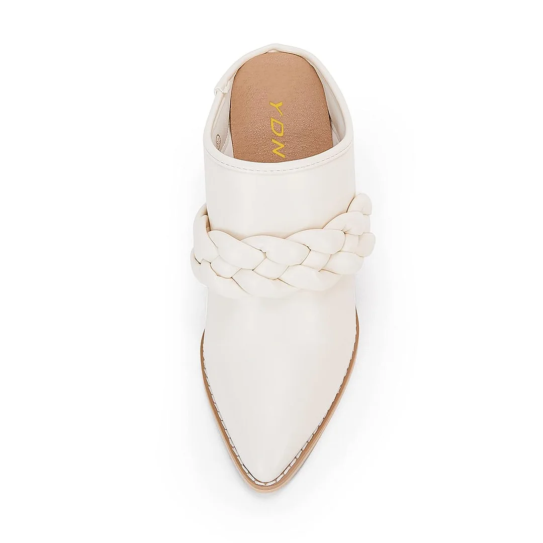YDN White Vegan Leather Pointed Toe Braid Chunky Heeled Mules
