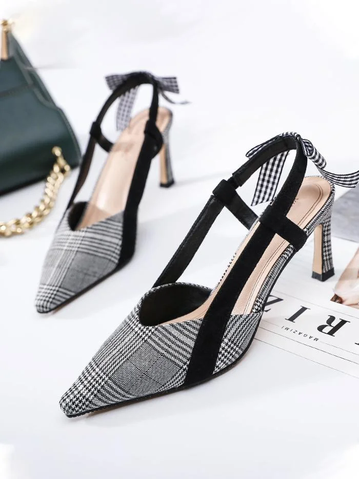 Small pointed toe plaid fashion high-heeled bowknot women's sandals