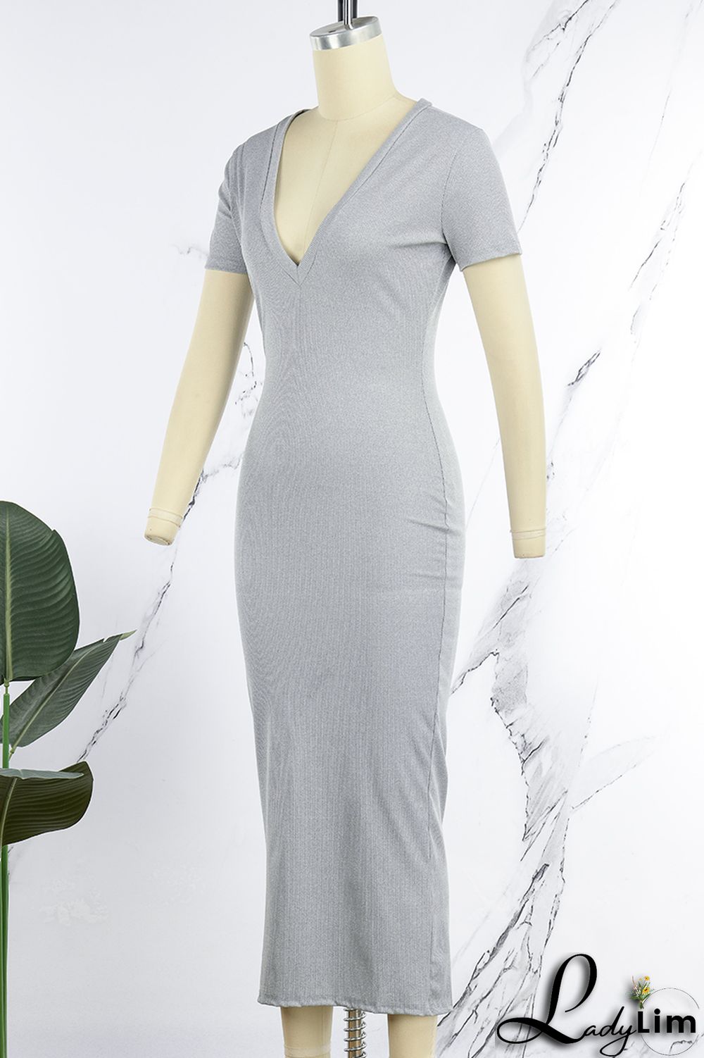 Coffee Casual Solid Basic V Neck Short Sleeve Dress Dresses