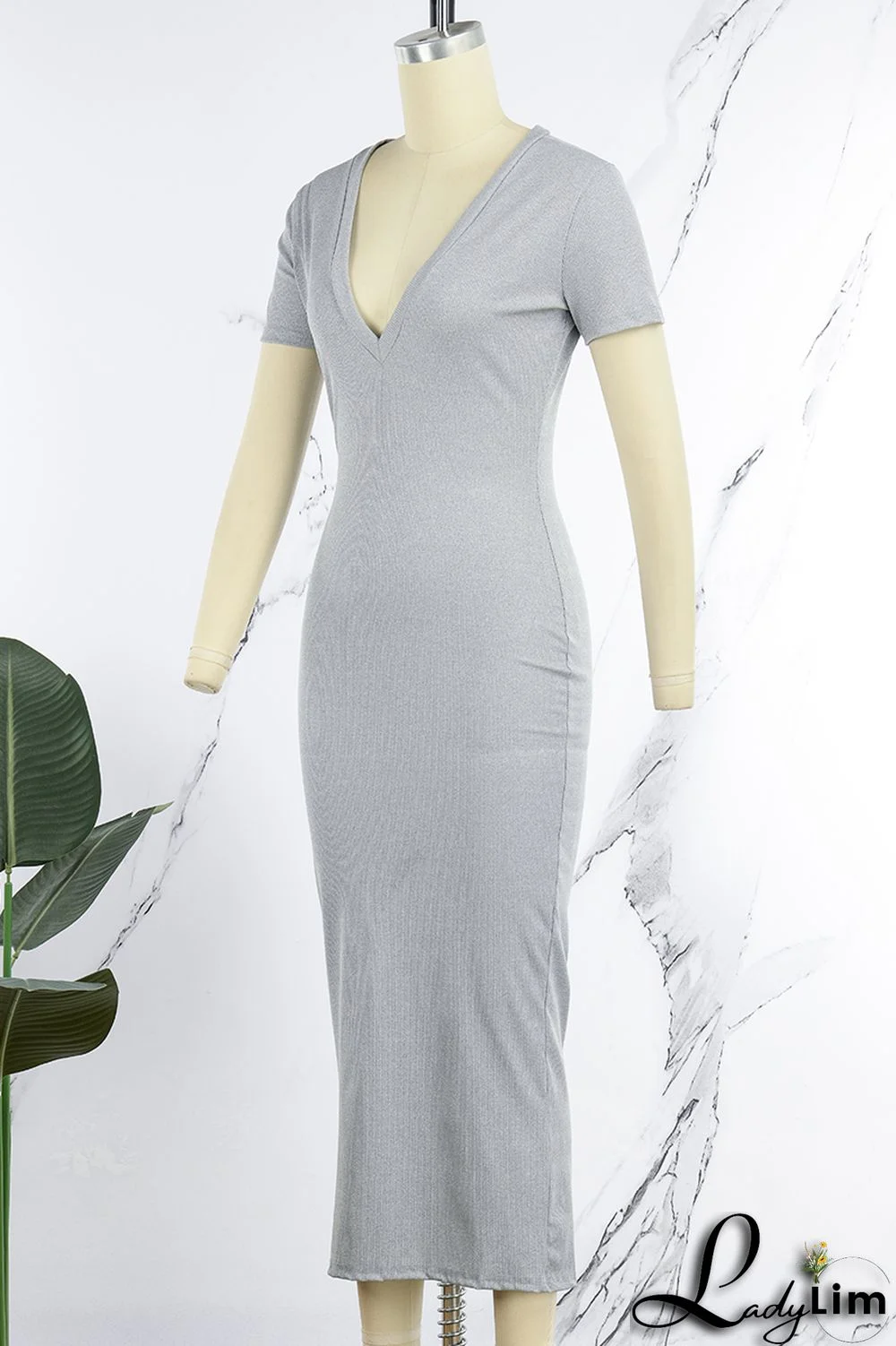 Coffee Casual Solid Basic V Neck Short Sleeve Dress Dresses