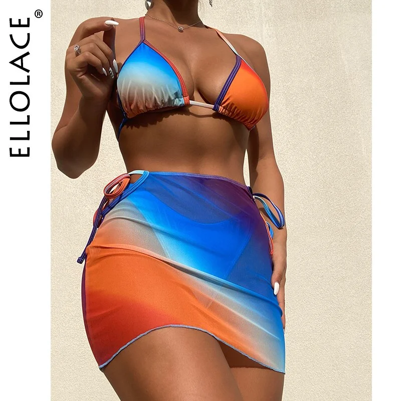 Billionm Ellolace Swimsuit Ladies 2022 Micro Bikini And Cover Up Tie Die Triangle Swimwear Padded Halter Bathing Suit Beach 3-Pieces