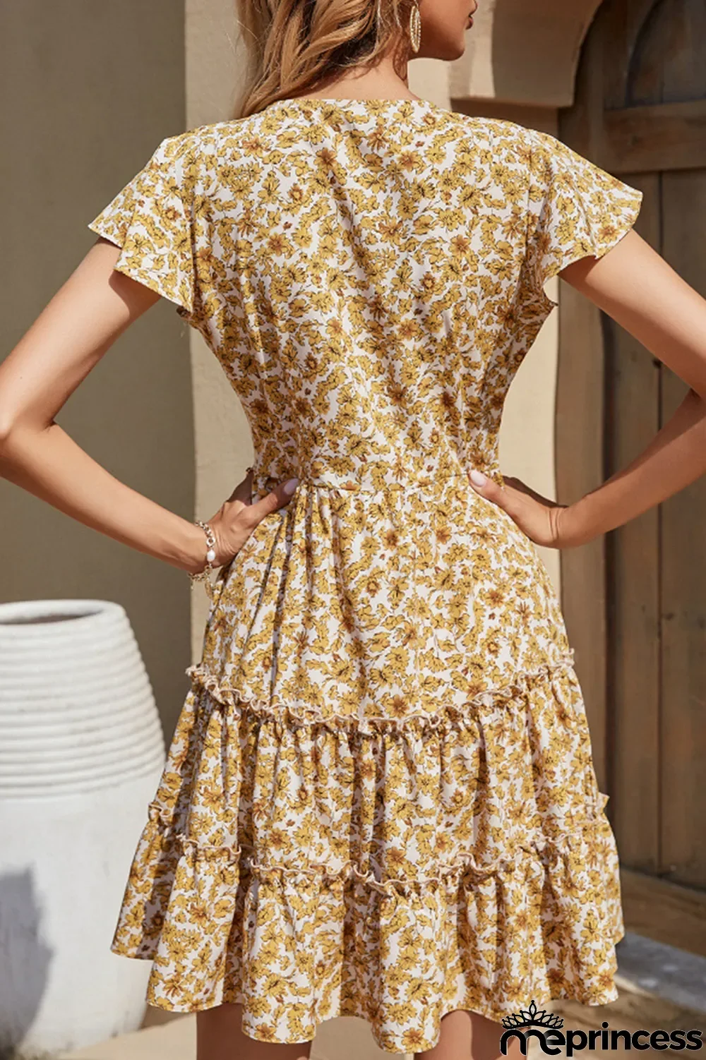 Fashion Elegant Floral Buckle Flounce V Neck A Line Dresses