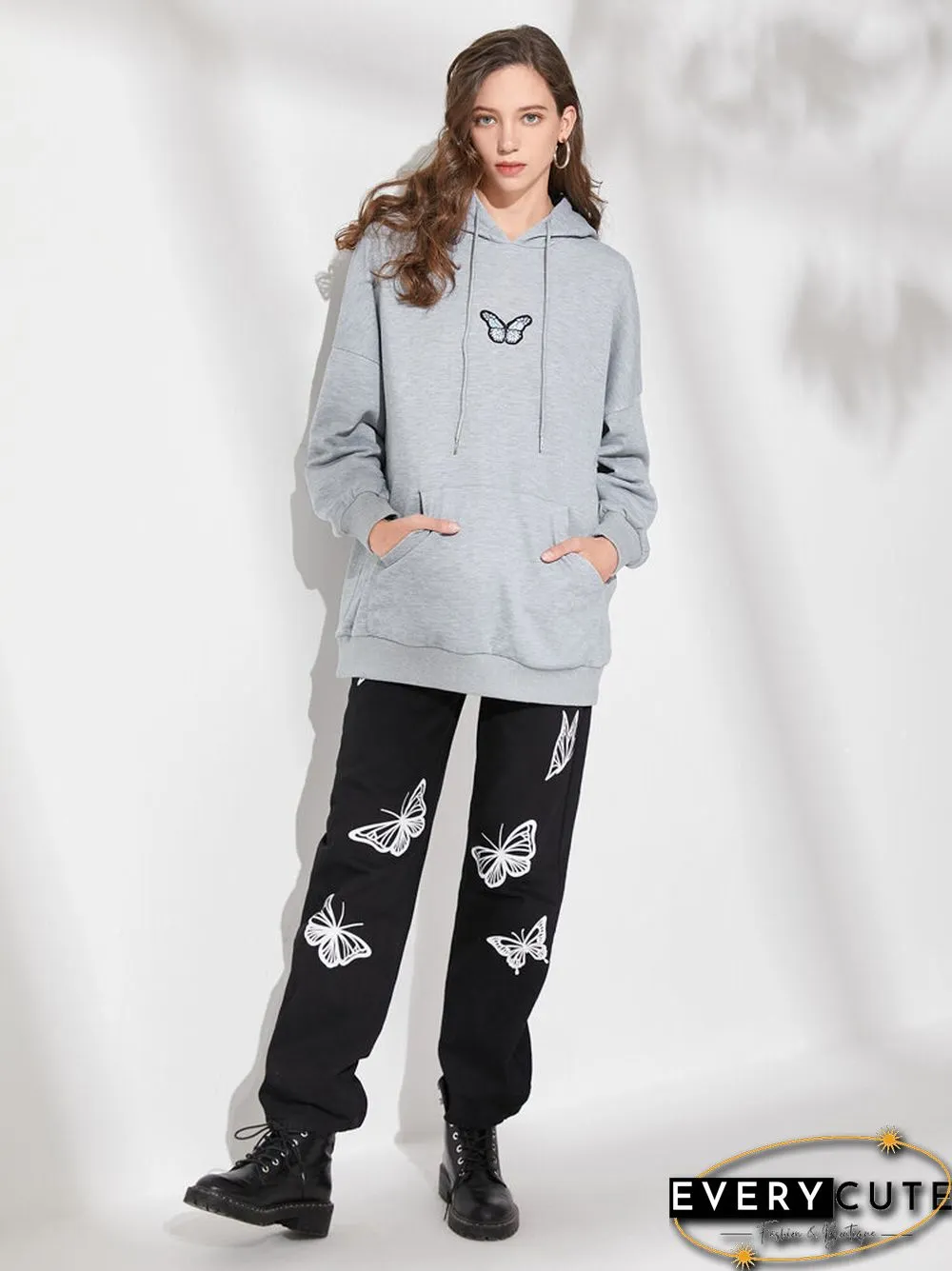 Butterfly Kangaroo Pocket Drop Shoulder Loose Hoodie