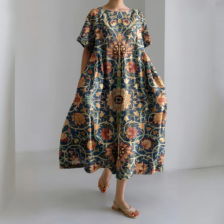Vintage Vintage Ethnic William Morris Holland Park Carpet Geometric Pattern Linen Blend Maxi Dress