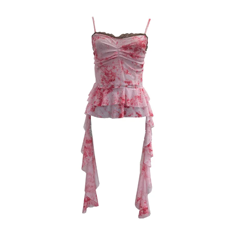 Uveng Real Shooting Atmosphere Feels A Mesh Yarn-Print Sling Vest Irregular Ribbon Splicing Lace Sleeveless Top 9968