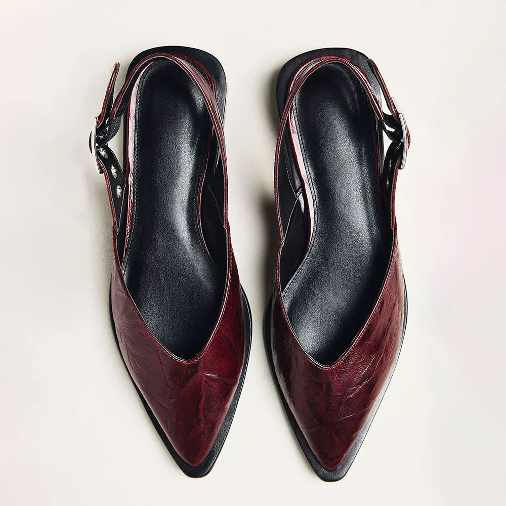 Retro Maroon Vegan Leather Slingback Flat Buckled Closed Toe Shoes