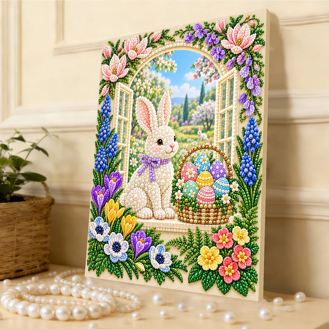 Pearl Painting Kit for Adults Easter Bunny Home Decor Framed 11.81x15.75in