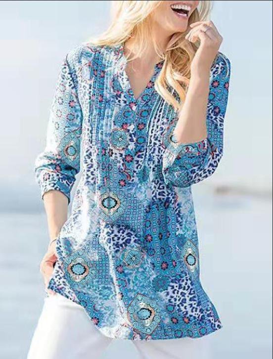 Abstract Printed V Neck Casual Plus Size Shirts Zaesvini