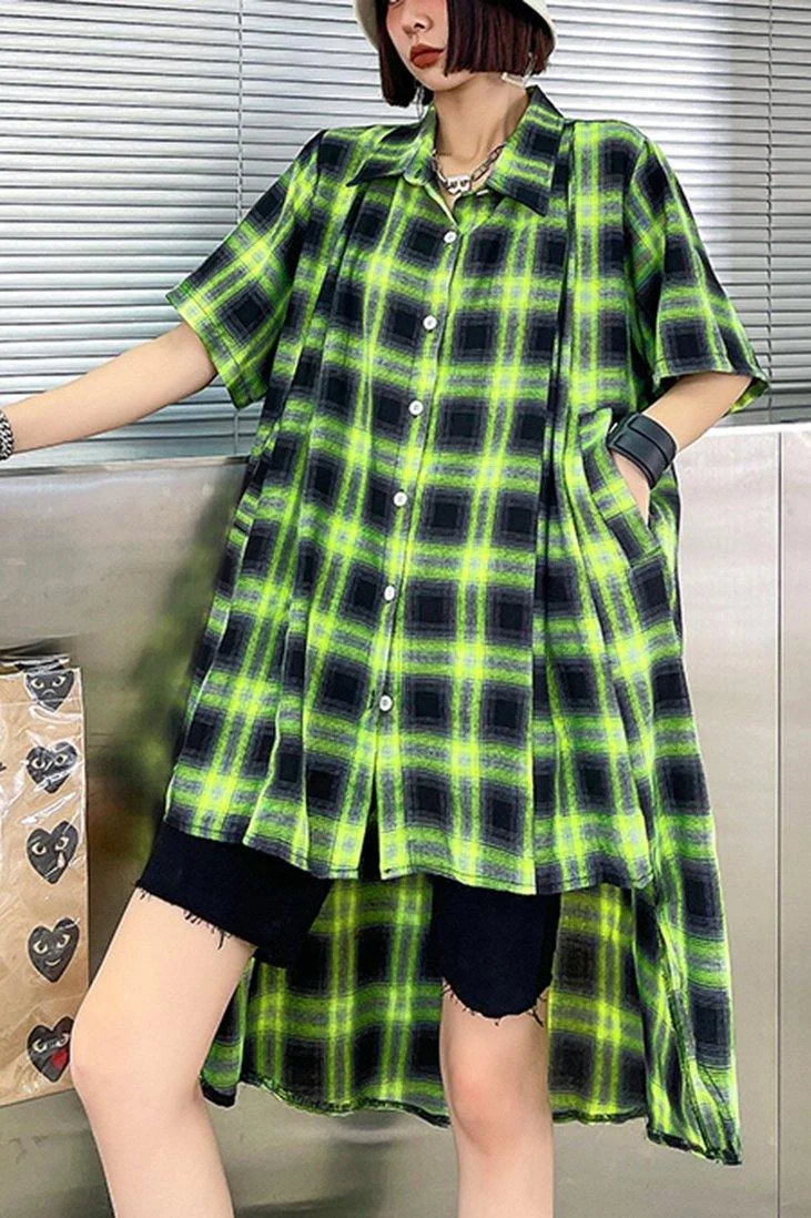 Elegant Green Plaid Cotton Buttonlow high design Summer Maxi Dresses