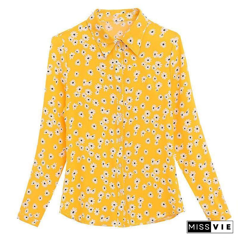 Lapel Chiffon Flower Printed Shirt