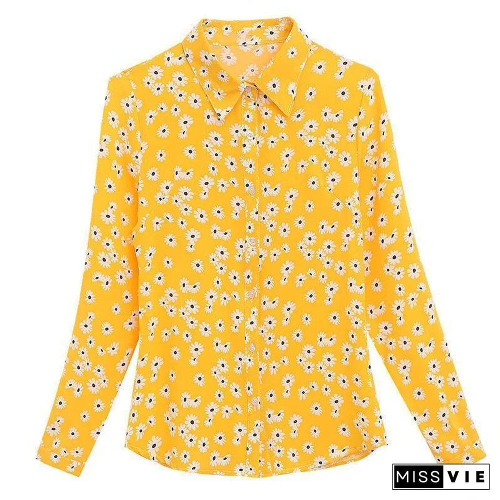 Lapel Chiffon Flower Printed Shirt