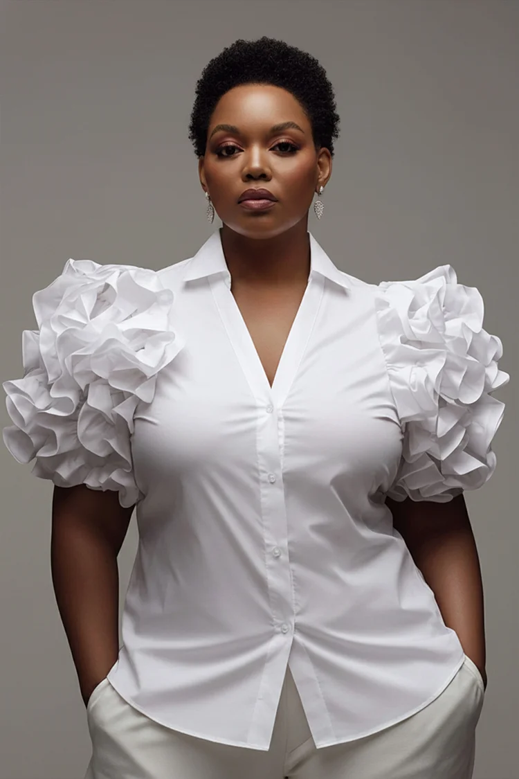 Xpluswear Design Plus Size Business Casual Casual White Shirt Collar Puff Sleeve Short Sleeve Ruffle Button Blouses [Pre-Order] 2024 - Xpluswear