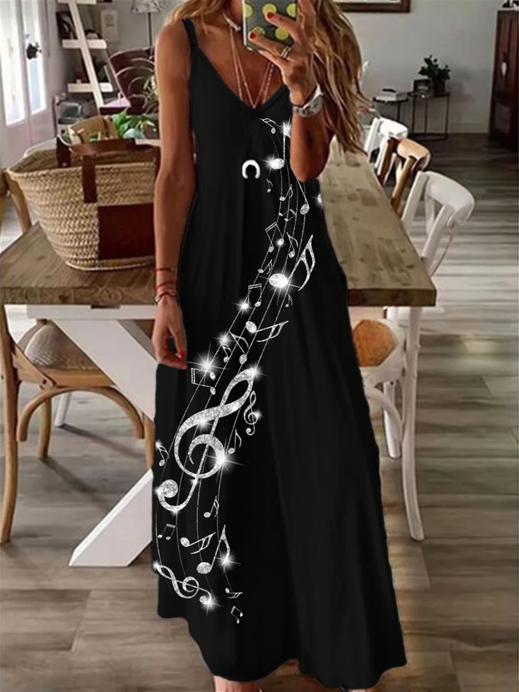 Glitter Music Notes V Neck Cami Maxi Dress