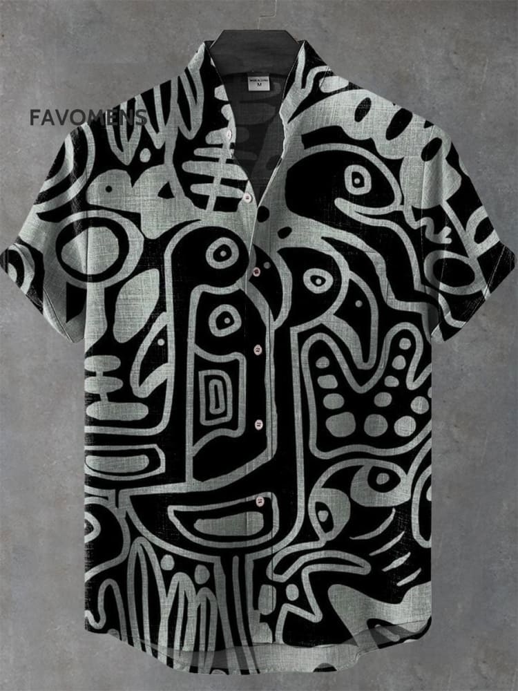 Vintage Ethnic Abstract Art Print Casual 100% Cotton Shirt Multicolor / S