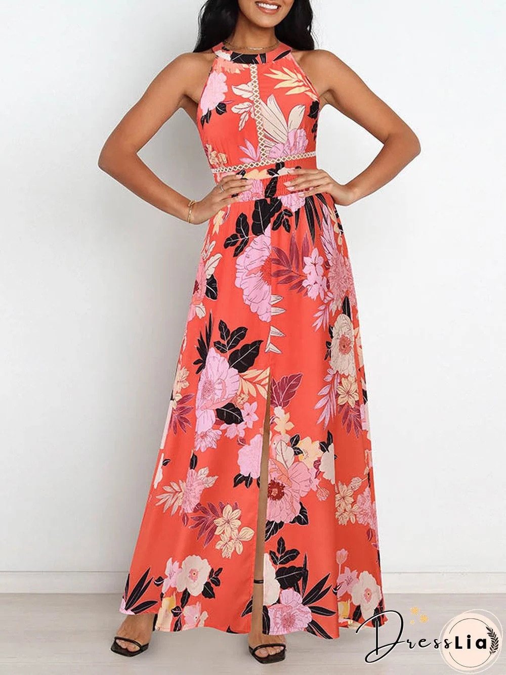 Halter Neck Cross Back Sleevelessfloral Maxi Dress