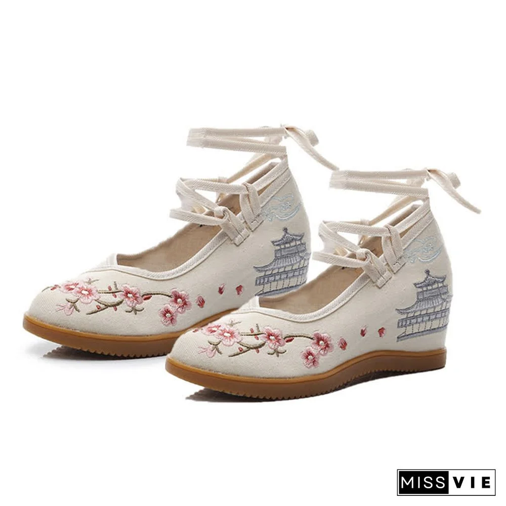 Vintage Blossom Embroidery Lace Up Flats Shoes
