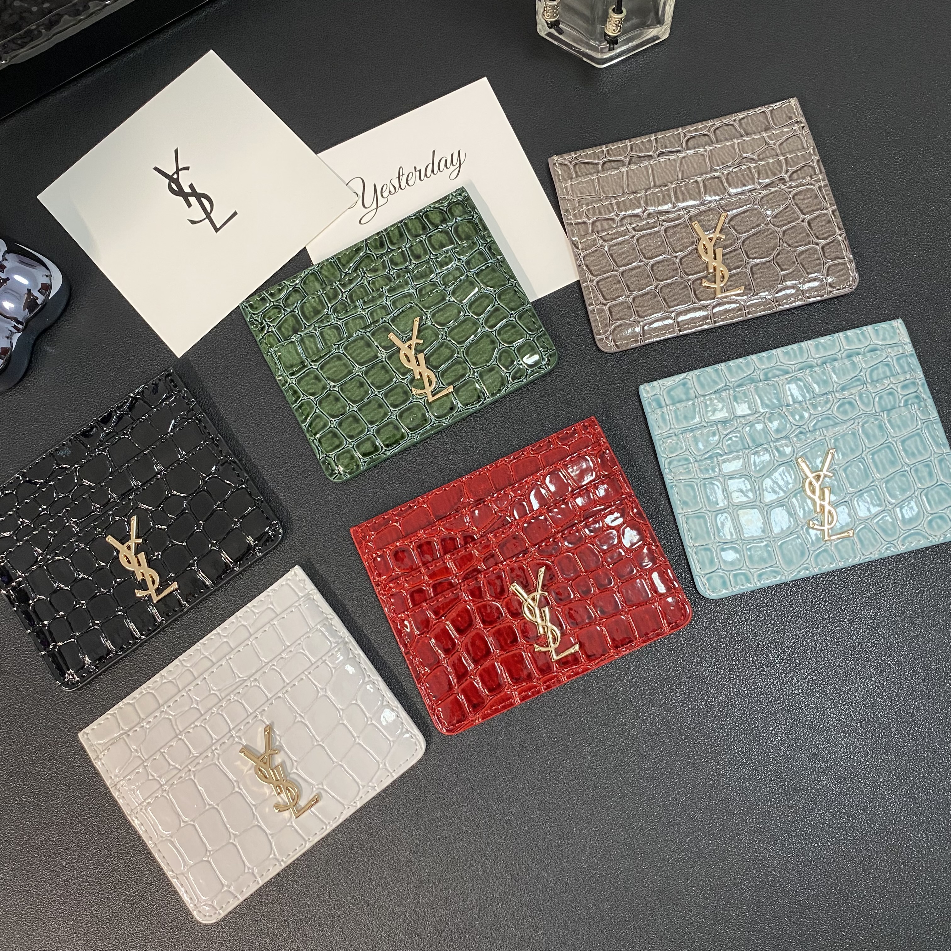 YSL Card Holder Wallet 7 Card Slots Crocodile Canvas Fashion Accessories
