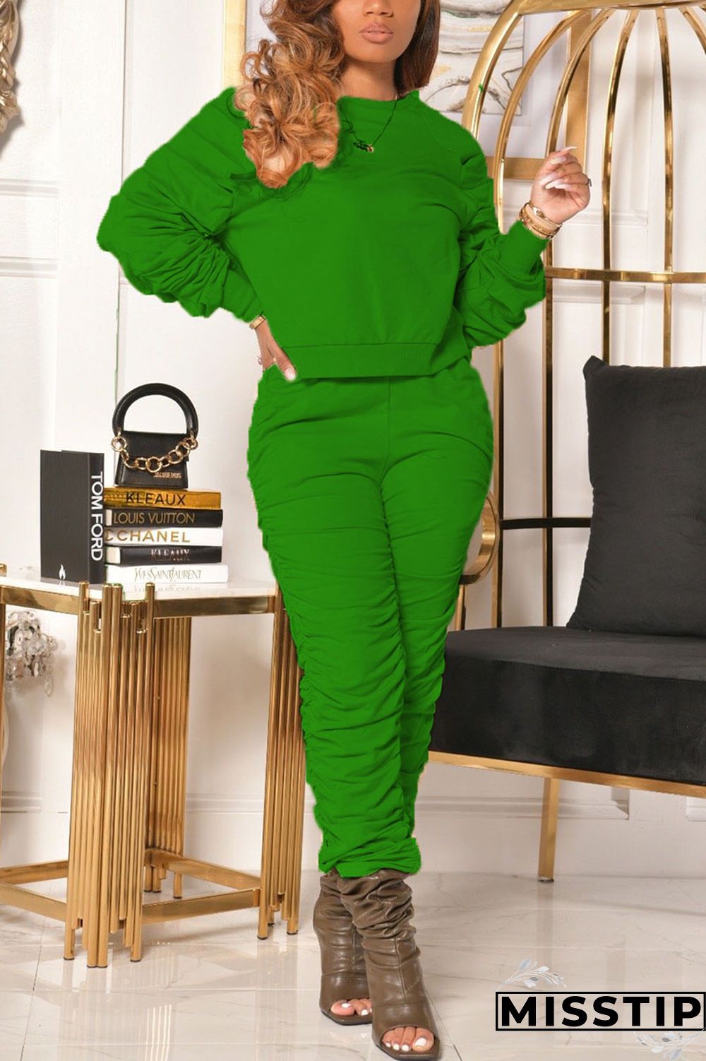 Green Casual Solid Fold O Neck Long Sleeve Two Pieces