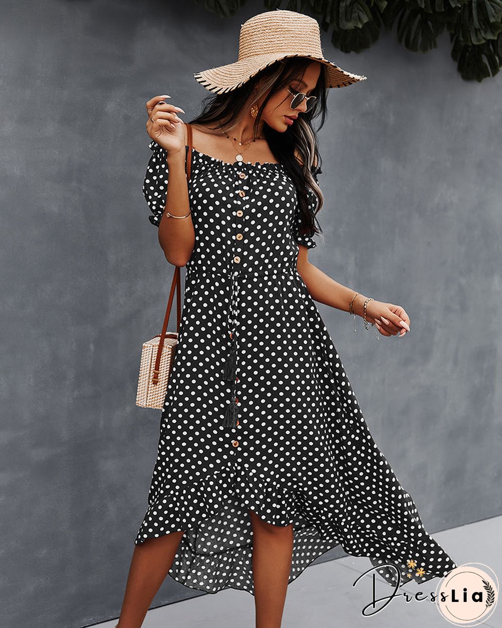 Off Shoulder Polka Dot Button Down Maxi Dress