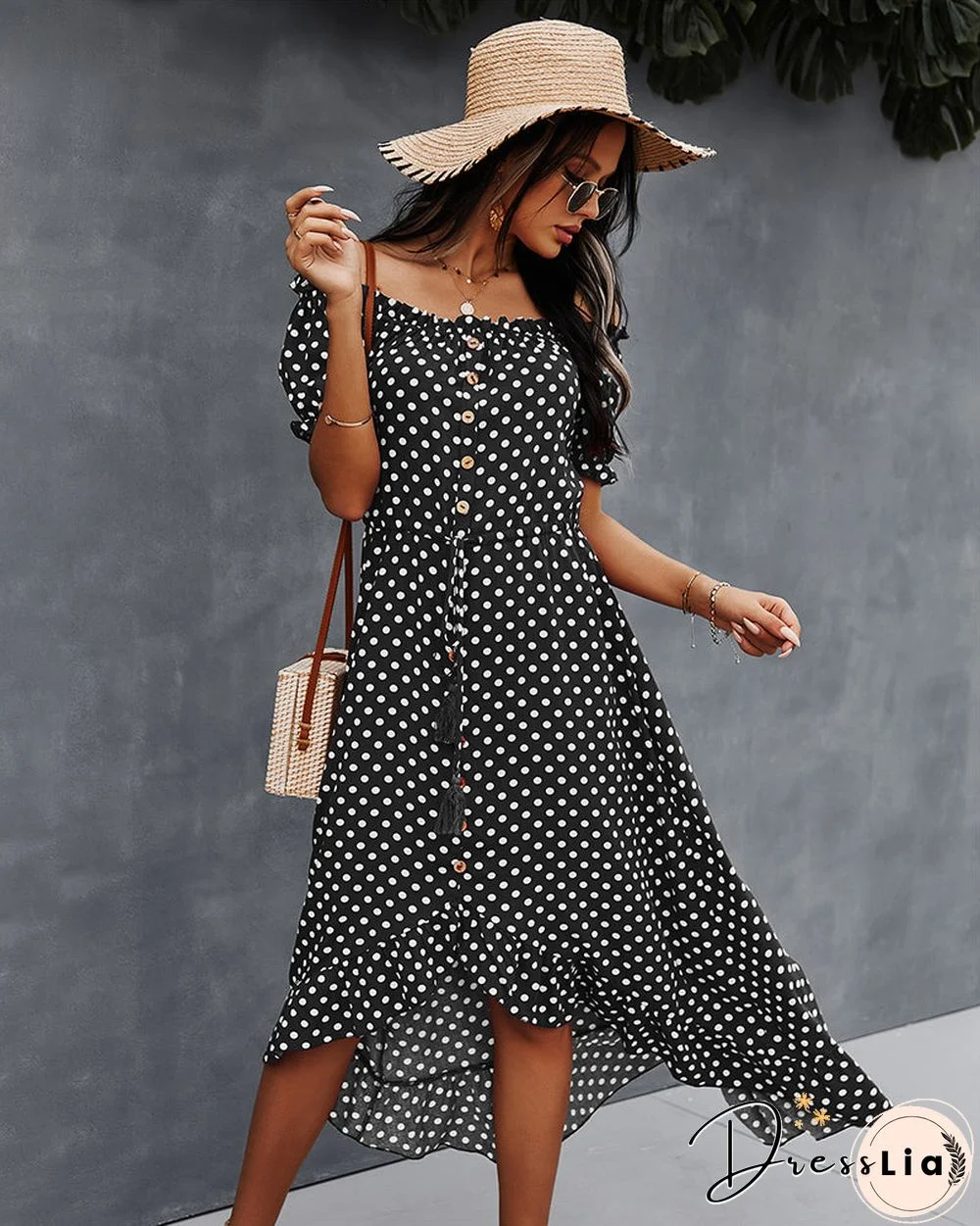 Off Shoulder Polka Dot Button Down Maxi Dress
